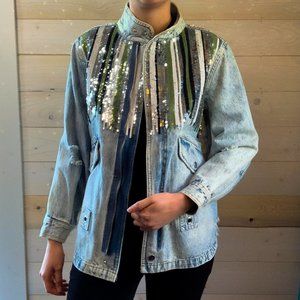 NWOT Given Kale | Small | Sequined Zipper Denim Jacket